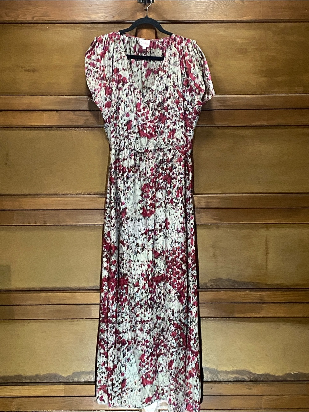 Parker 100% Silk Burgundy and Gray Artistic Print Maxi Dress Sz S